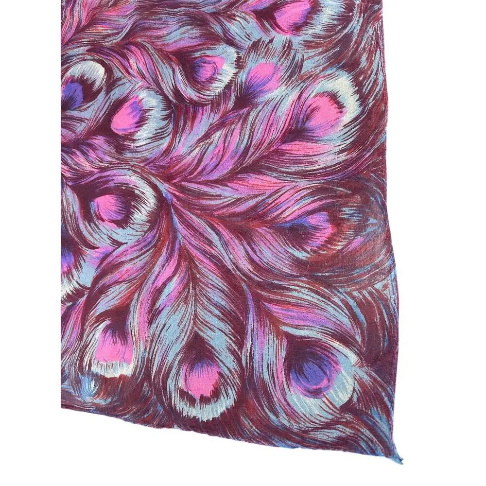 Vintage Scarf - Square- Nylon Vibrant Feather design- Purple blue pink- 27x27